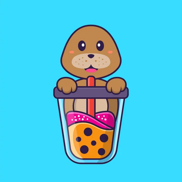 Mignon Chien Boire Thé Lait Boba Concept Dessin Animé Animal — Image vectorielle