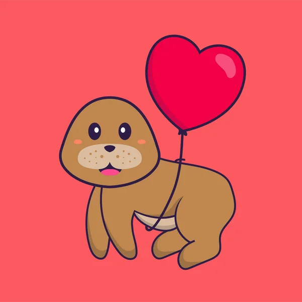 Lindo Perro Volando Con Globos Forma Amor Animal Concepto Dibujos — Vector de stock