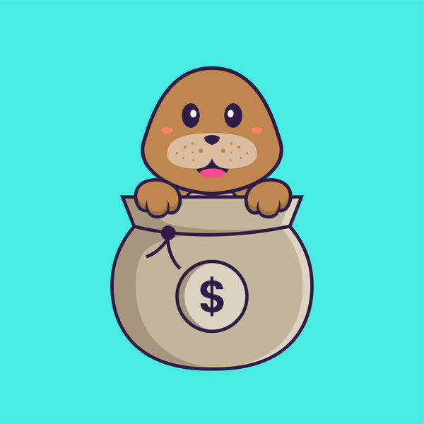 Cute dog playing in money bag. Animal cartoon concept isolated. Can used for t-shirt, greeting card, invitation card or mascot.