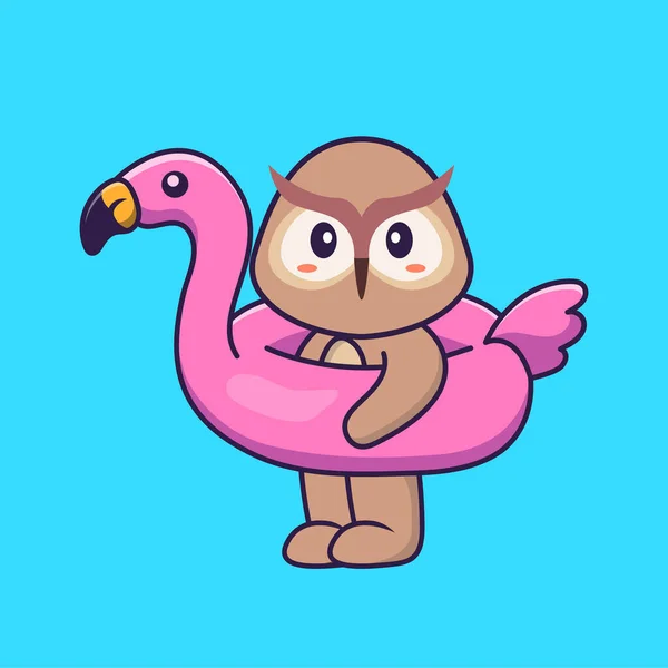 Chouette Hibou Avec Bouée Flamant Rose Concept Dessin Animé Animal — Image vectorielle