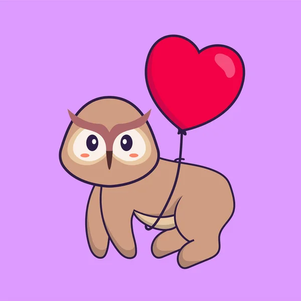 Lindo Búho Volando Con Globos Forma Amor Animal Concepto Dibujos — Vector de stock