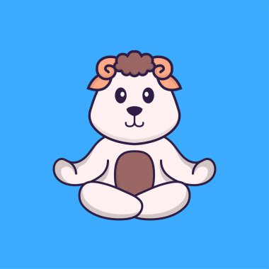 Şirin koyunlar meditasyon yapıyor ya da yoga yapıyor. Hayvan çizgi film kavramı izole edildi. Tişört, tebrik kartı, davetiye kartı ya da maskot olarak kullanılabilir..