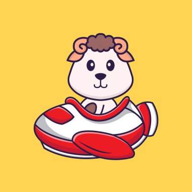 Uçakta uçan sevimli koyunlar. Hayvan çizgi film kavramı izole edildi. Tişört, tebrik kartı, davetiye kartı ya da maskot olarak kullanılabilir..