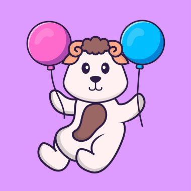 İki balonla uçan sevimli koyunlar. Hayvan çizgi film kavramı izole edildi. Tişört, tebrik kartı, davetiye kartı ya da maskot olarak kullanılabilir..