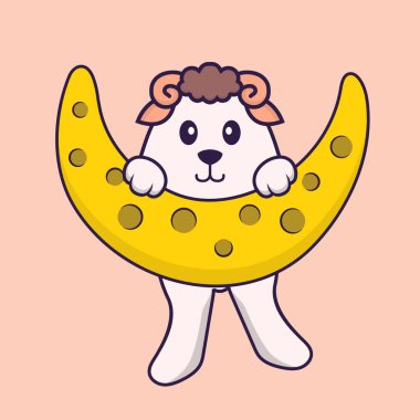 Ay 'da şirin koyunlar var. Hayvan çizgi film kavramı izole edildi. Tişört, tebrik kartı, davetiye kartı ya da maskot olarak kullanılabilir..