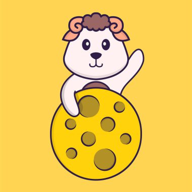 Ay 'da şirin koyunlar var. Hayvan çizgi film kavramı izole edildi. Tişört, tebrik kartı, davetiye kartı ya da maskot olarak kullanılabilir..