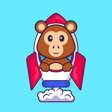 Roketin üstünde uçan şirin maymun. Hayvan çizgi film kavramı izole edildi. Tişört, tebrik kartı, davetiye kartı ya da maskot olarak kullanılabilir..