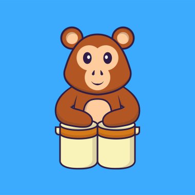 Şirin maymun davul çalıyor. Hayvan çizgi film kavramı izole edildi. Tişört, tebrik kartı, davetiye kartı ya da maskot olarak kullanılabilir..