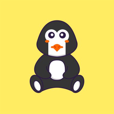 Şirin penguen oturuyor. Hayvan çizgi film kavramı izole edildi. Tişört, tebrik kartı, davetiye kartı ya da maskot olarak kullanılabilir..