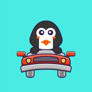 Şirin penguen sürüyor. Hayvan çizgi film kavramı izole edildi. Tişört, tebrik kartı, davetiye kartı ya da maskot olarak kullanılabilir..