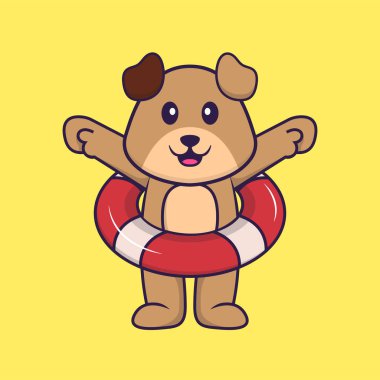 Şamandıra kullanan sevimli bir köpek. Hayvan çizgi film kavramı izole edildi. Tişört, tebrik kartı, davetiye kartı ya da maskot olarak kullanılabilir..