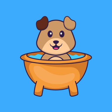 Küvette banyo yapan sevimli bir köpek. Hayvan çizgi film kavramı izole edildi. Tişört, tebrik kartı, davetiye kartı ya da maskot olarak kullanılabilir..