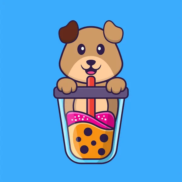 Lindo Perro Bebiendo Leche Boba Animal Concepto Dibujos Animados Aislado — Vector de stock