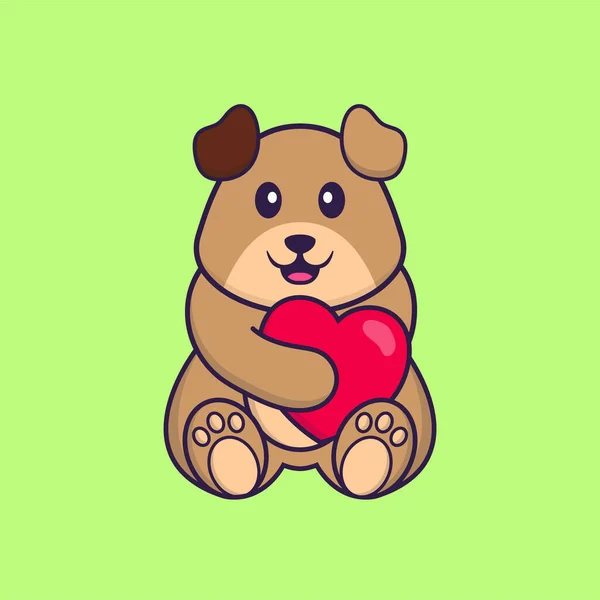 Cão Bonito Segurando Grande Coração Vermelho Animal Desenho Animado Conceito — Vetor de Stock