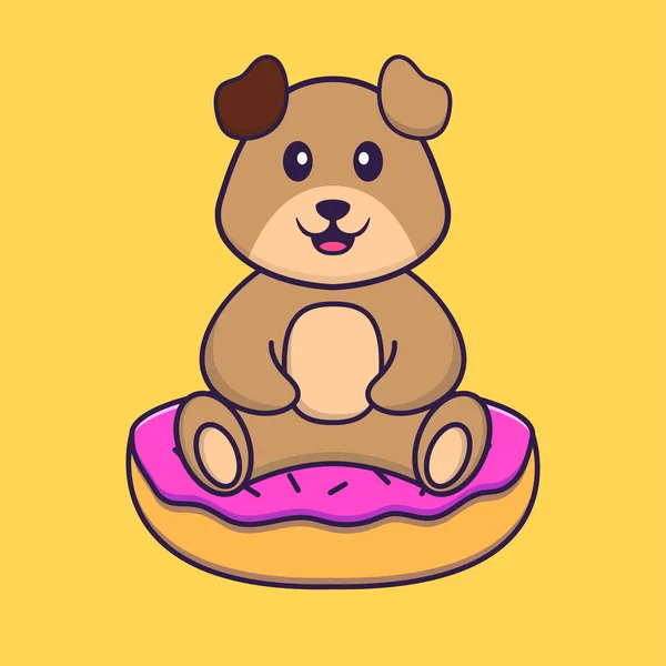 かわいい犬がドーナツの上に座っている 動物の漫画の概念は孤立した Tシャツ グリーティングカード 招待カード マスコットに使用できます — ストックベクタ