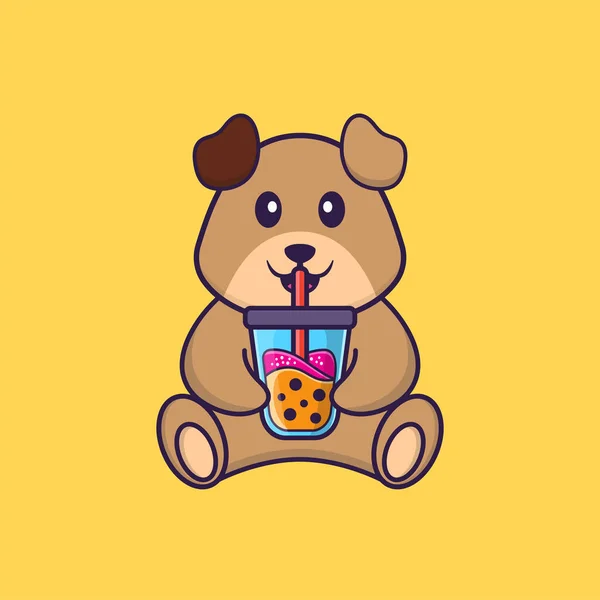 Lindo Perro Bebiendo Leche Boba Animal Concepto Dibujos Animados Aislado — Vector de stock