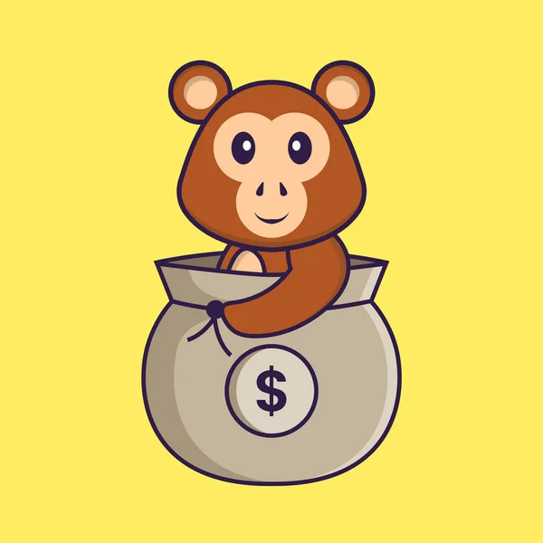 お金の袋にかわいい猿 動物の漫画の概念は孤立した Tシャツ グリーティングカード 招待カード マスコットに使用できます — ストックベクタ