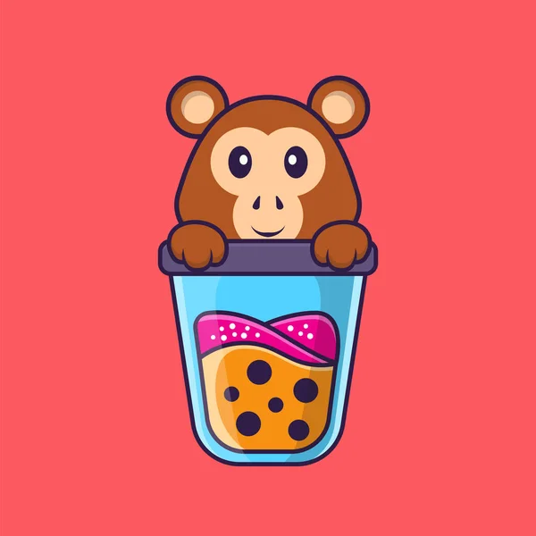 Mignon Singe Boire Thé Lait Boba Concept Dessin Animé Animal — Image vectorielle