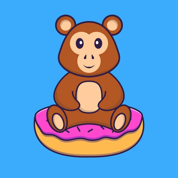 Lindo Mono Está Sentado Rosquillas Animal Concepto Dibujos Animados Aislado — Vector de stock