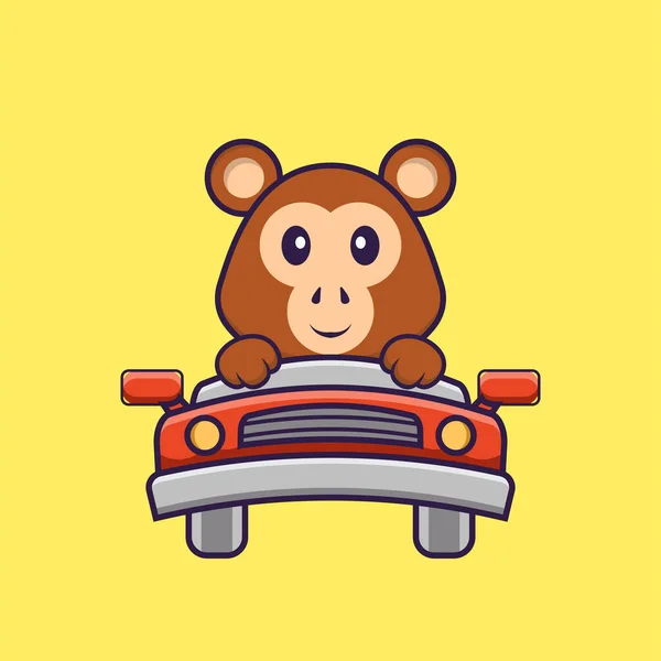 かわいい猿が運転している 動物の漫画の概念は孤立した Tシャツ グリーティングカード 招待カード マスコットに使用できます — ストックベクタ