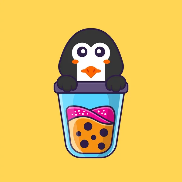 Aranyos Pingvin Boba Tejteát Iszik Állati Rajzfilm Koncepció Elkülönítve Használható — Stock Vector