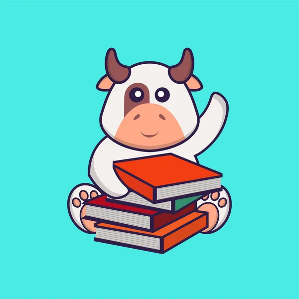 Uma Vaca Gira Ler Livro Animal Desenho Animado Conceito Isolado — Vetor de Stock