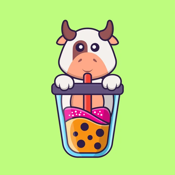 Jolie Vache Boire Thé Lait Boba Concept Dessin Animé Animal — Image vectorielle