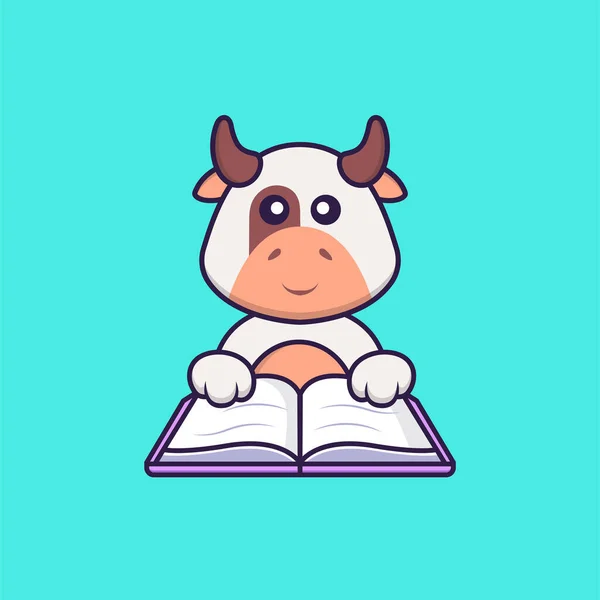 Uma Vaca Gira Ler Livro Animal Desenho Animado Conceito Isolado — Vetor de Stock
