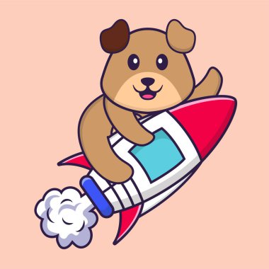 Roketin üstünde uçan sevimli bir köpek. Hayvan çizgi film kavramı izole edildi. Tişört, tebrik kartı, davetiye kartı ya da maskot olarak kullanılabilir..