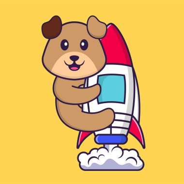 Roketin üstünde uçan sevimli bir köpek. Hayvan çizgi film kavramı izole edildi. Tişört, tebrik kartı, davetiye kartı ya da maskot olarak kullanılabilir..