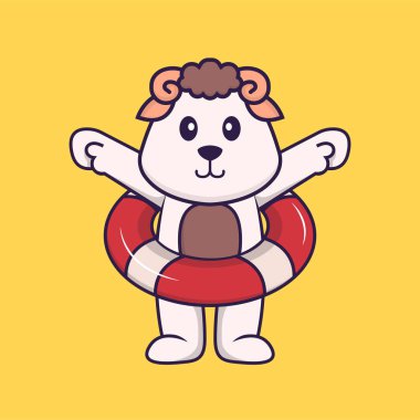 Şamandıra kullanan şirin bir koyun. Hayvan çizgi film kavramı izole edildi. Tişört, tebrik kartı, davetiye kartı ya da maskot olarak kullanılabilir..