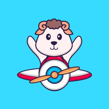 Uçakta uçan sevimli koyunlar. Hayvan çizgi film kavramı izole edildi. Tişört, tebrik kartı, davetiye kartı ya da maskot olarak kullanılabilir..