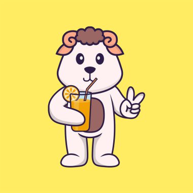 Cam içinde portakal suyu tutan şirin koyunlar. Hayvan çizgi film kavramı izole edildi. Tişört, tebrik kartı, davetiye kartı ya da maskot olarak kullanılabilir..