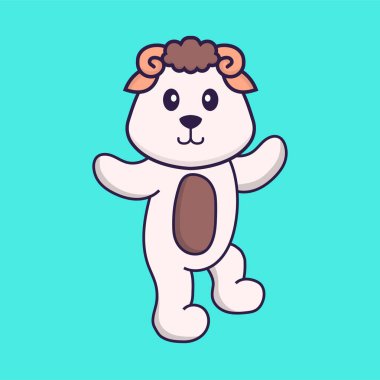 Şirin koyunlar dans ediyor. Hayvan çizgi film kavramı izole edildi. Tişört, tebrik kartı, davetiye kartı ya da maskot olarak kullanılabilir..