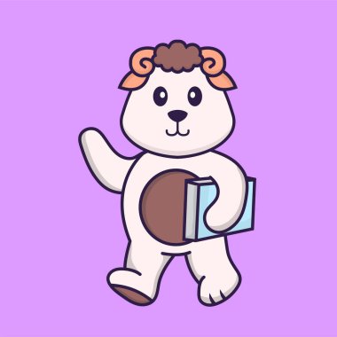 Elinde kitap tutan sevimli bir koyun. Hayvan çizgi film kavramı izole edildi. Tişört, tebrik kartı, davetiye kartı ya da maskot olarak kullanılabilir..