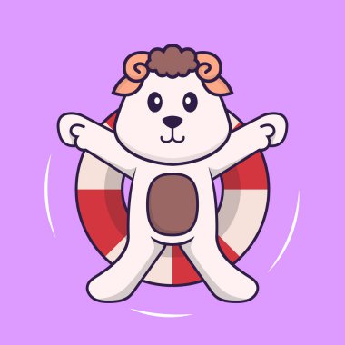 Şirin koyunlar şamandırayla yüzüyor. Hayvan çizgi film kavramı izole edildi. Tişört, tebrik kartı, davetiye kartı ya da maskot olarak kullanılabilir..