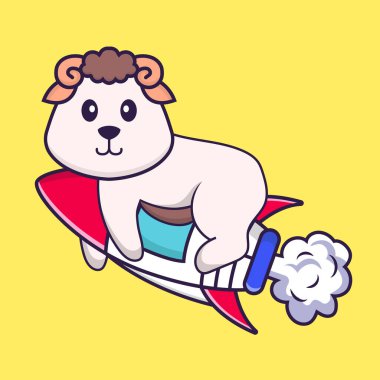 Roketin üstünde uçan sevimli koyunlar. Hayvan çizgi film kavramı izole edildi. Tişört, tebrik kartı, davetiye kartı ya da maskot olarak kullanılabilir..