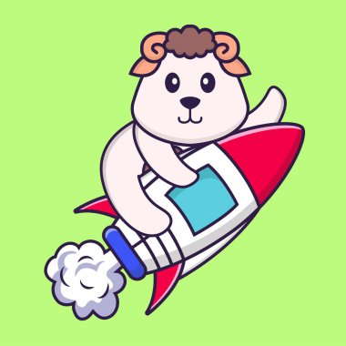 Roketin üstünde uçan sevimli koyunlar. Hayvan çizgi film kavramı izole edildi. Tişört, tebrik kartı, davetiye kartı ya da maskot olarak kullanılabilir..