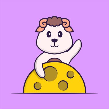 Ay 'da şirin koyunlar var. Hayvan çizgi film kavramı izole edildi. Tişört, tebrik kartı, davetiye kartı ya da maskot olarak kullanılabilir..