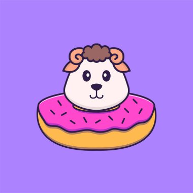 Boynunda donut olan şirin bir koyun. Hayvan çizgi film kavramı izole edildi. Tişört, tebrik kartı, davetiye kartı ya da maskot olarak kullanılabilir..