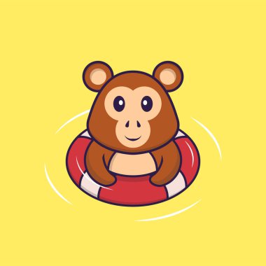 Şirin maymun şamandırayla yüzüyor. Hayvan çizgi film kavramı izole edildi. Tişört, tebrik kartı, davetiye kartı ya da maskot olarak kullanılabilir..