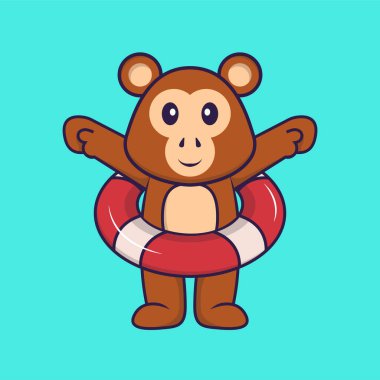 Şamandıra kullanan şirin bir maymun. Hayvan çizgi film kavramı izole edildi. Tişört, tebrik kartı, davetiye kartı ya da maskot olarak kullanılabilir..