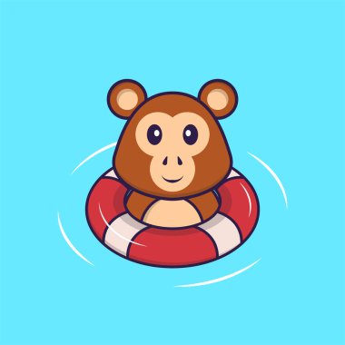 Şirin maymun şamandırayla yüzüyor. Hayvan çizgi film kavramı izole edildi. Tişört, tebrik kartı, davetiye kartı ya da maskot olarak kullanılabilir..