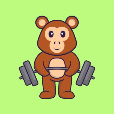 Şirin maymun halteri kaldırıyor. Hayvan çizgi film kavramı izole edildi. Tişört, tebrik kartı, davetiye kartı ya da maskot olarak kullanılabilir..