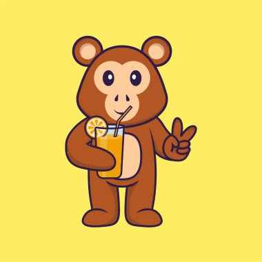 Cam içinde portakal suyu tutan şirin maymun. Hayvan çizgi film kavramı izole edildi. Tişört, tebrik kartı, davetiye kartı ya da maskot olarak kullanılabilir..