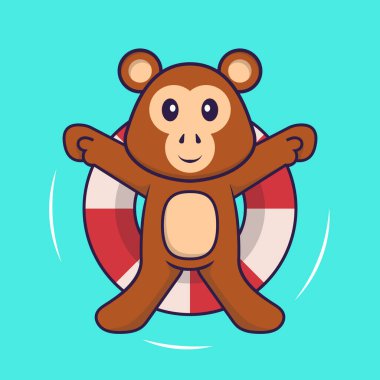 Şirin maymun şamandırayla yüzüyor. Hayvan çizgi film kavramı izole edildi. Tişört, tebrik kartı, davetiye kartı ya da maskot olarak kullanılabilir..