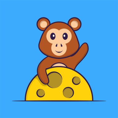 Ay 'da şirin bir maymun var. Hayvan çizgi film kavramı izole edildi. Tişört, tebrik kartı, davetiye kartı ya da maskot olarak kullanılabilir..