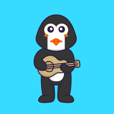 Gitar çalan sevimli penguen. Hayvan çizgi film kavramı izole edildi. Tişört, tebrik kartı, davetiye kartı ya da maskot olarak kullanılabilir..