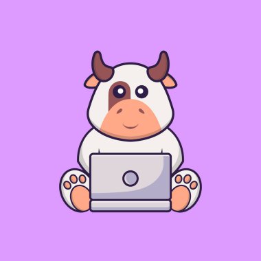 Laptop kullanan şirin bir inek. Hayvan çizgi film kavramı izole edildi. Tişört, tebrik kartı, davetiye kartı ya da maskot olarak kullanılabilir..