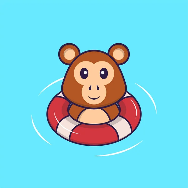 Mignon Singe Est Natation Avec Une Bouée Concept Dessin Animé — Image vectorielle